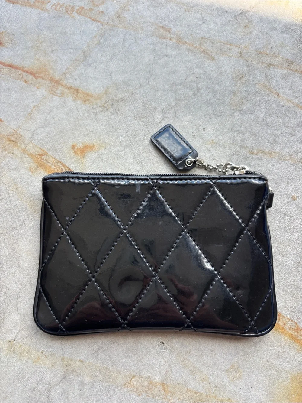 Coach Poppy Black Patent Leather Quilted Coin Card Pouch